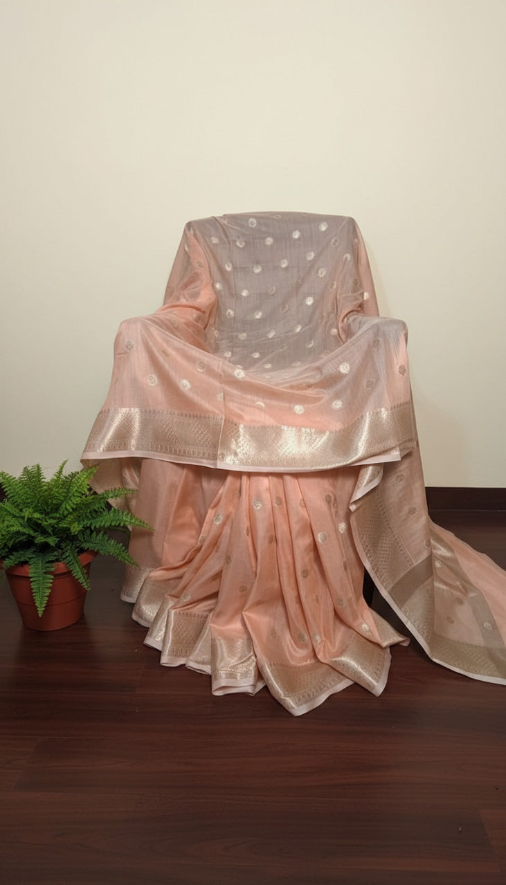 Soft Peach Banaras Malai Cotton Saree