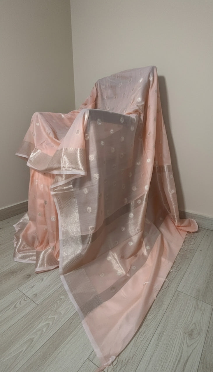 Soft Peach Banaras Malai Cotton Saree