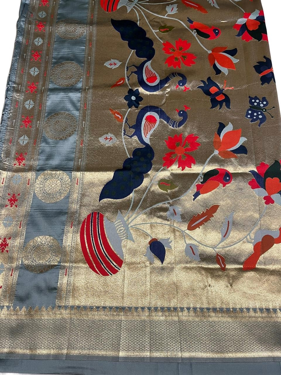 Steel Grey Art Silk Saree with Rich Paithani Peacock Pallu