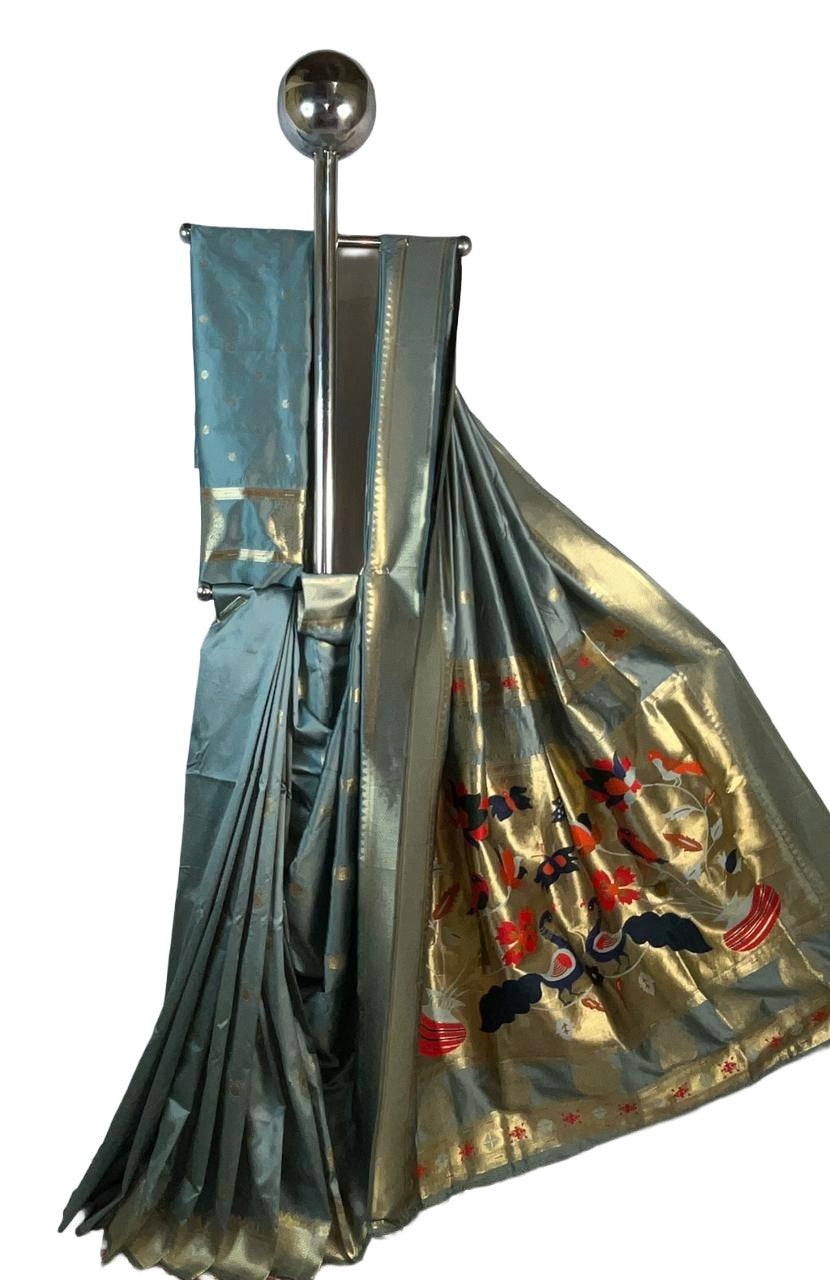 Steel Grey Art Silk Saree with Rich Paithani Peacock Pallu