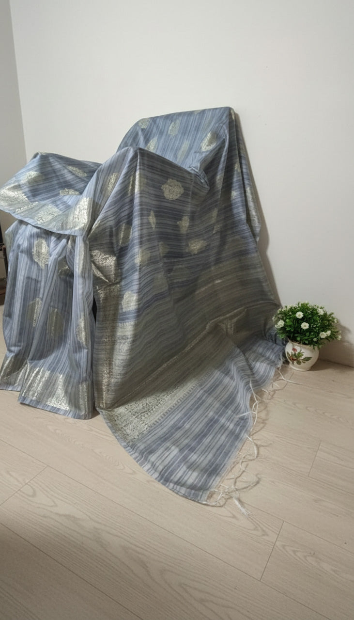 Silver Grey Banaras Tussar Silk Saree