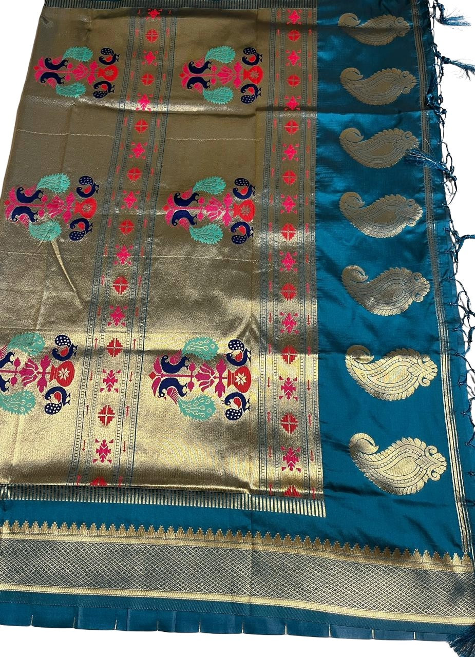 Teal Blue Art Silk Saree with Rich Paithani Peacock & Paisley Pallu