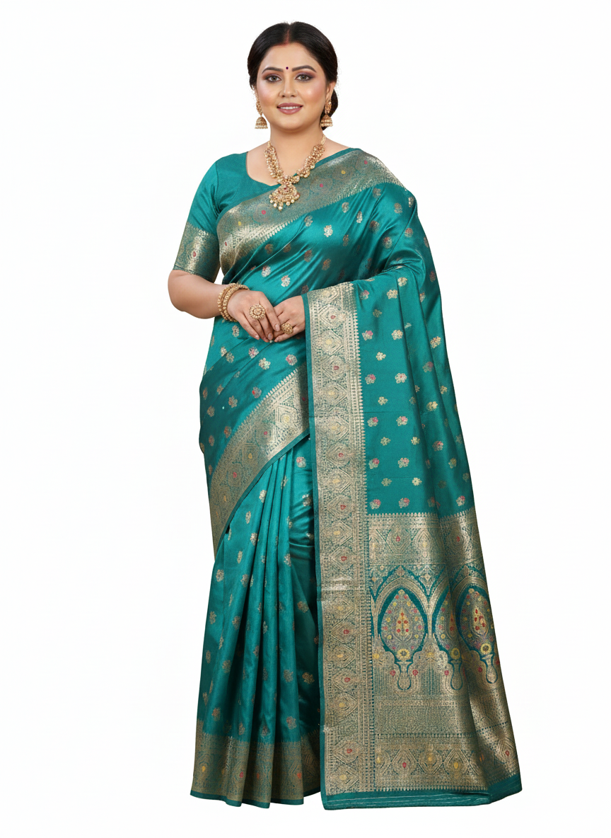 Teal Green flower butta Premium Mushroom Satin Silk Saree