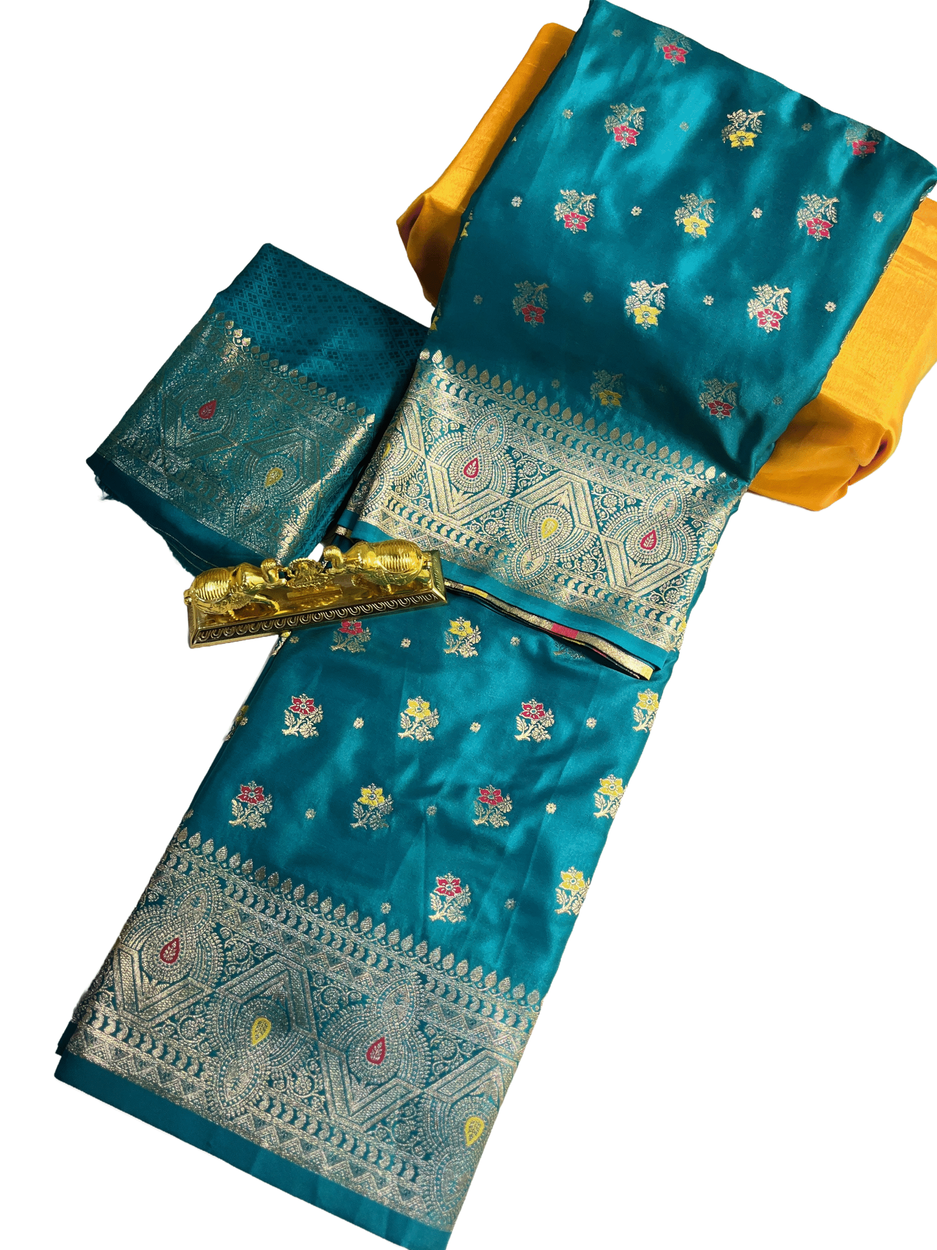 Teal Green flower butta Premium Mushroom Satin Silk Saree