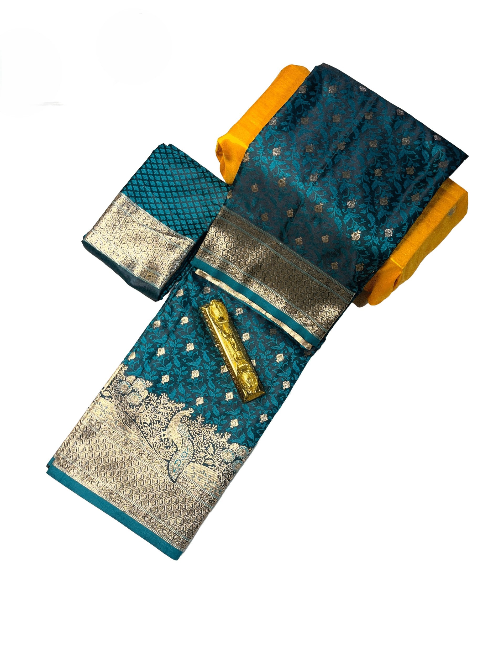Teal Green with Antique Gold Premium  Mushroom Satin Silk Saree