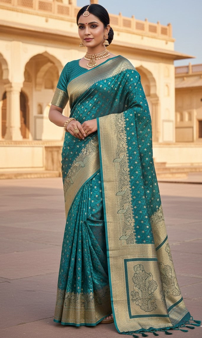 Teal Green with Antique Gold Premium  Mushroom Satin Silk Saree