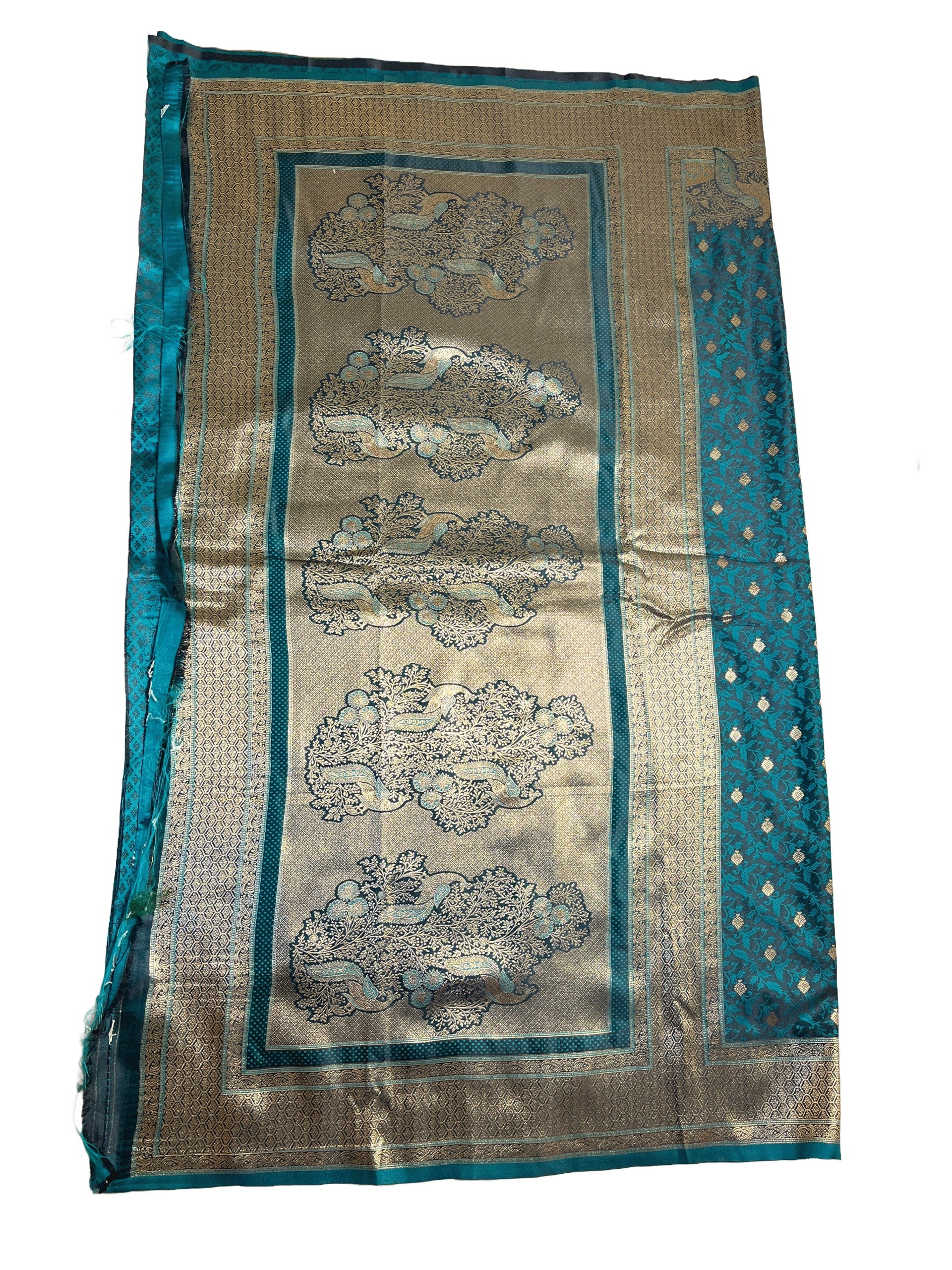 Teal Green with Antique Gold Premium  Mushroom Satin Silk Saree