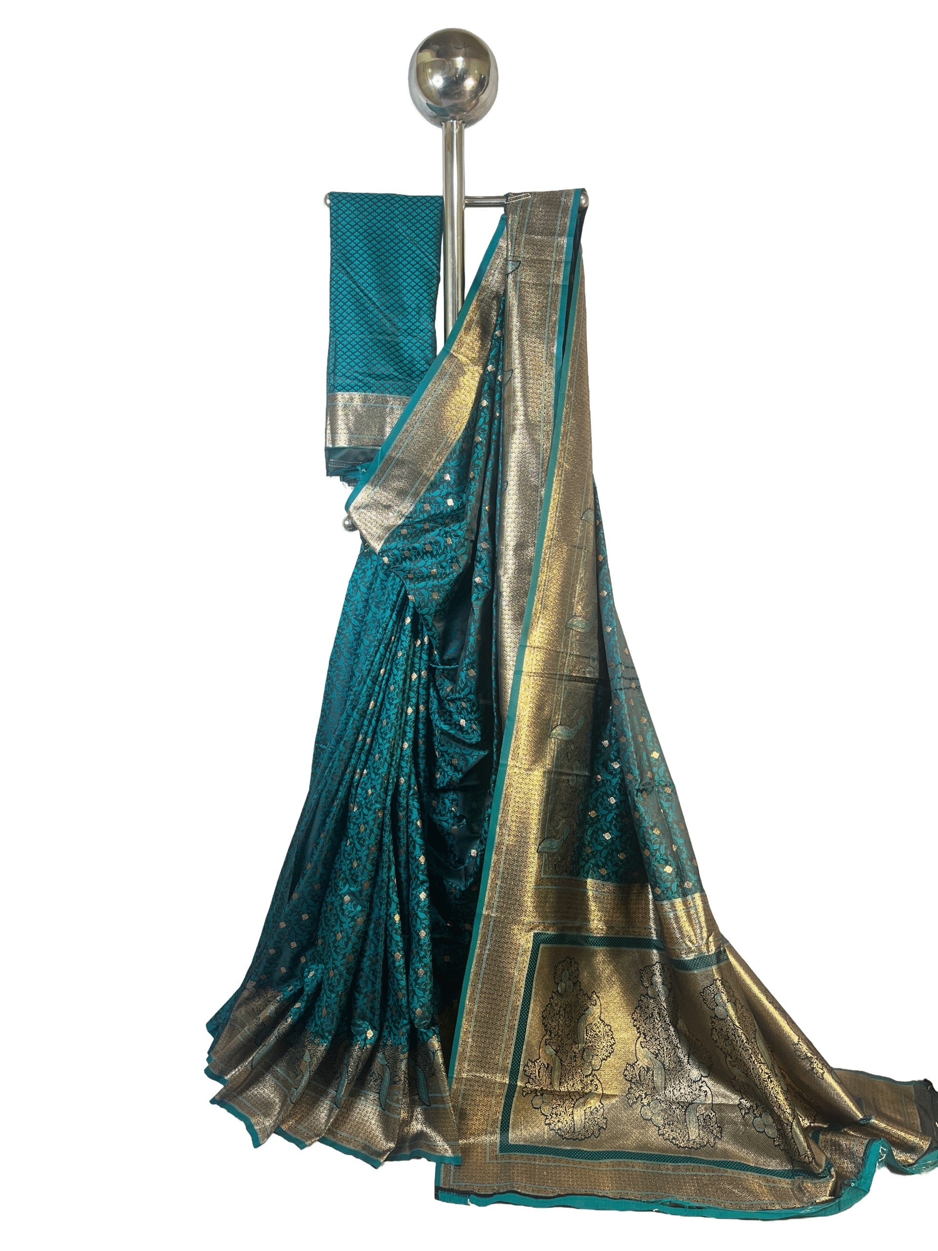 Teal Green with Antique Gold Premium  Mushroom Satin Silk Saree