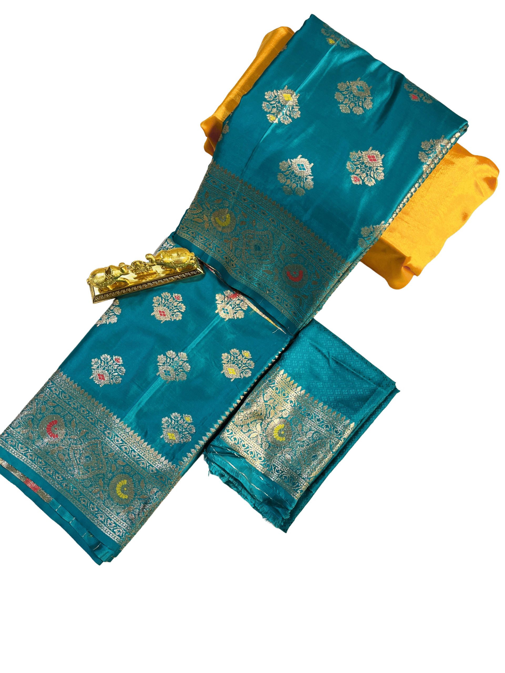 Teal Green yellow butta Premium Mushroom Satin Silk Saree