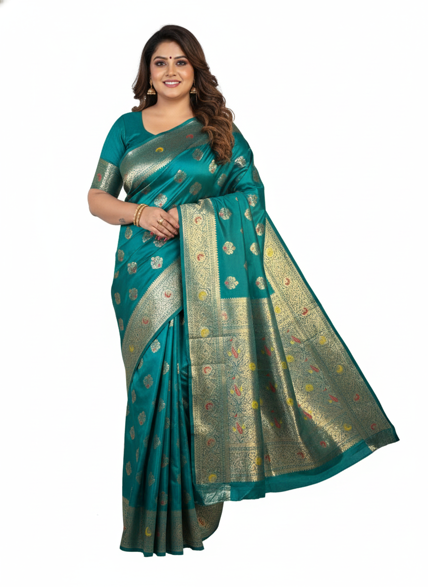 Teal Green yellow butta Premium Mushroom Satin Silk Saree