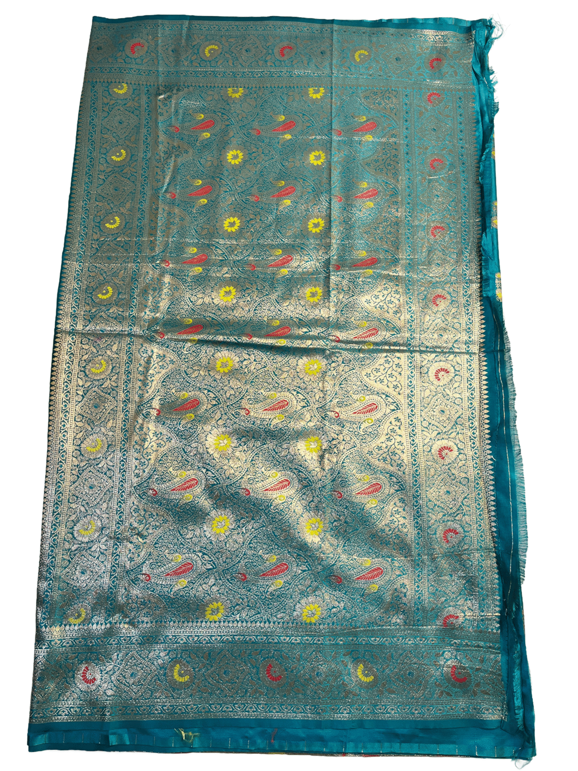 Teal Green yellow butta Premium Mushroom Satin Silk Saree