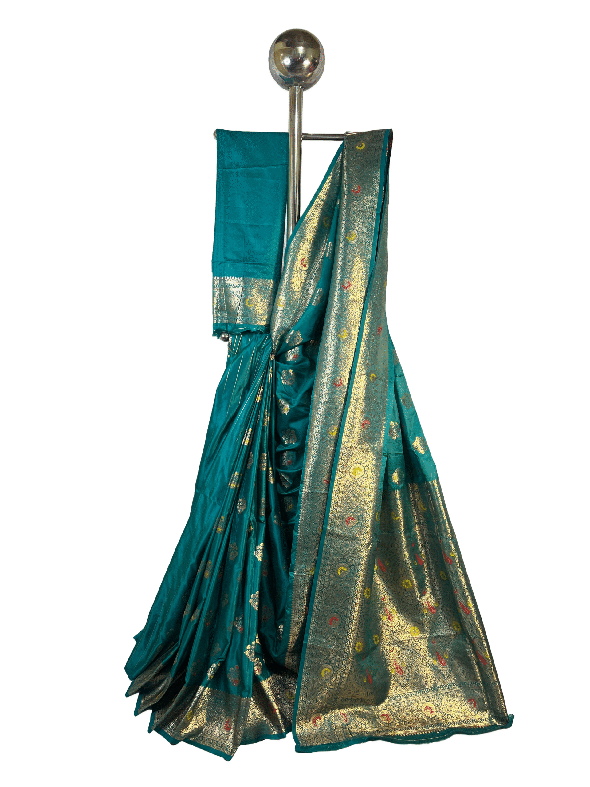 Teal Green yellow butta Premium Mushroom Satin Silk Saree