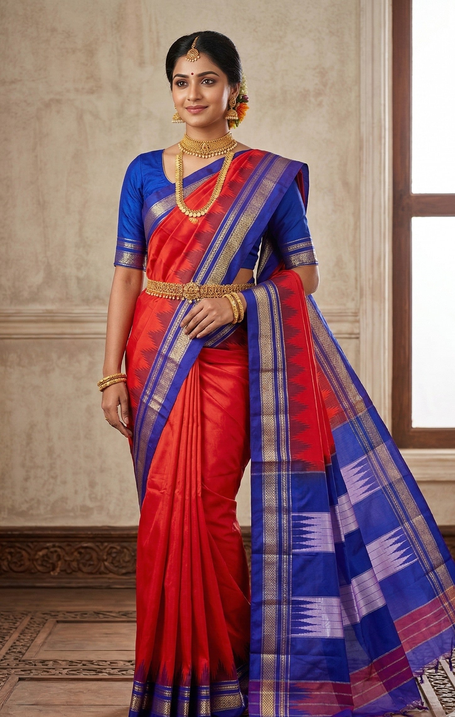 Ilkal Temple Border and Ganga Jamuna style saree