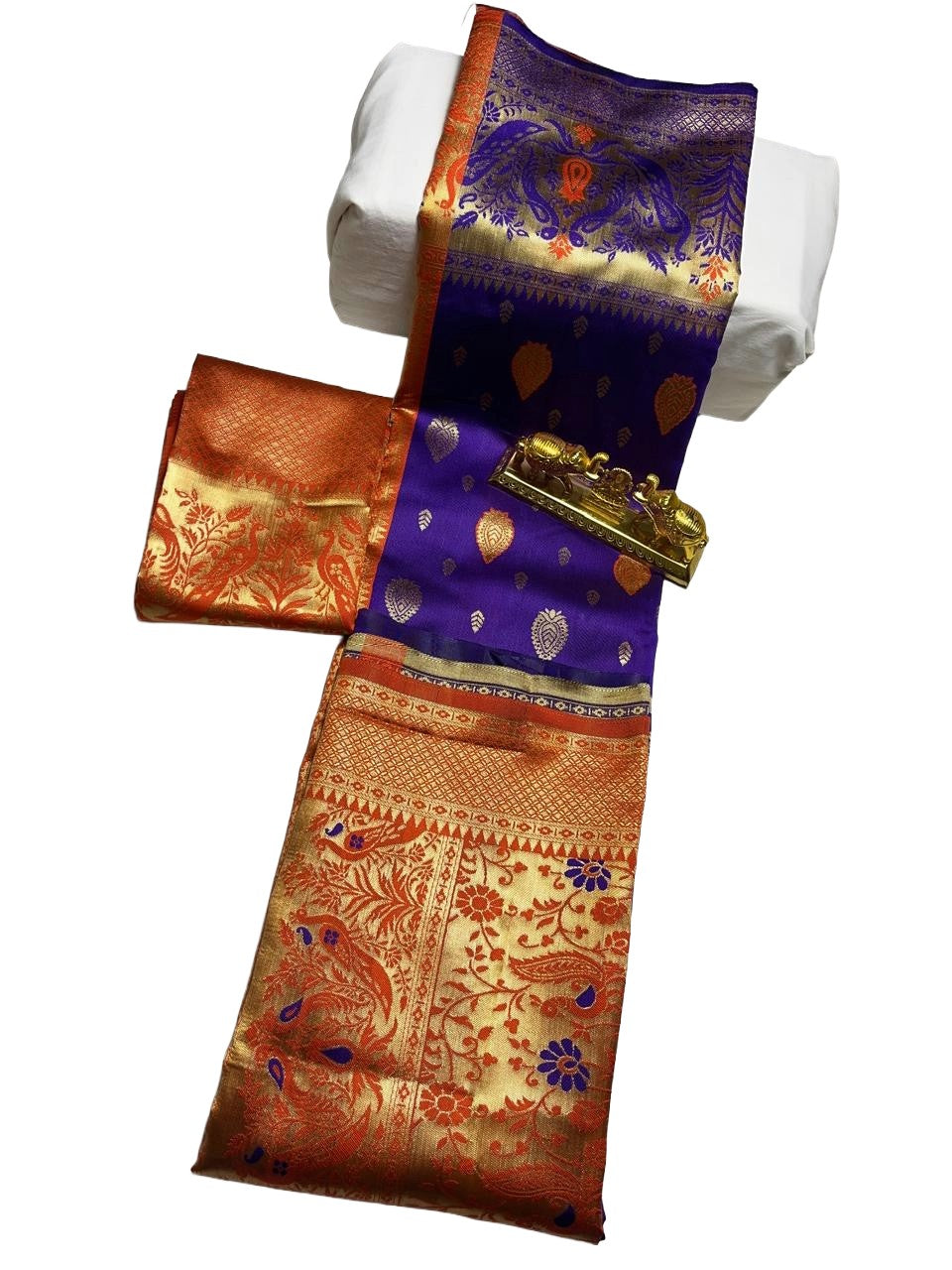 Deep Violet Art Silk Saree with Contrast Orange & Gold Zari Border