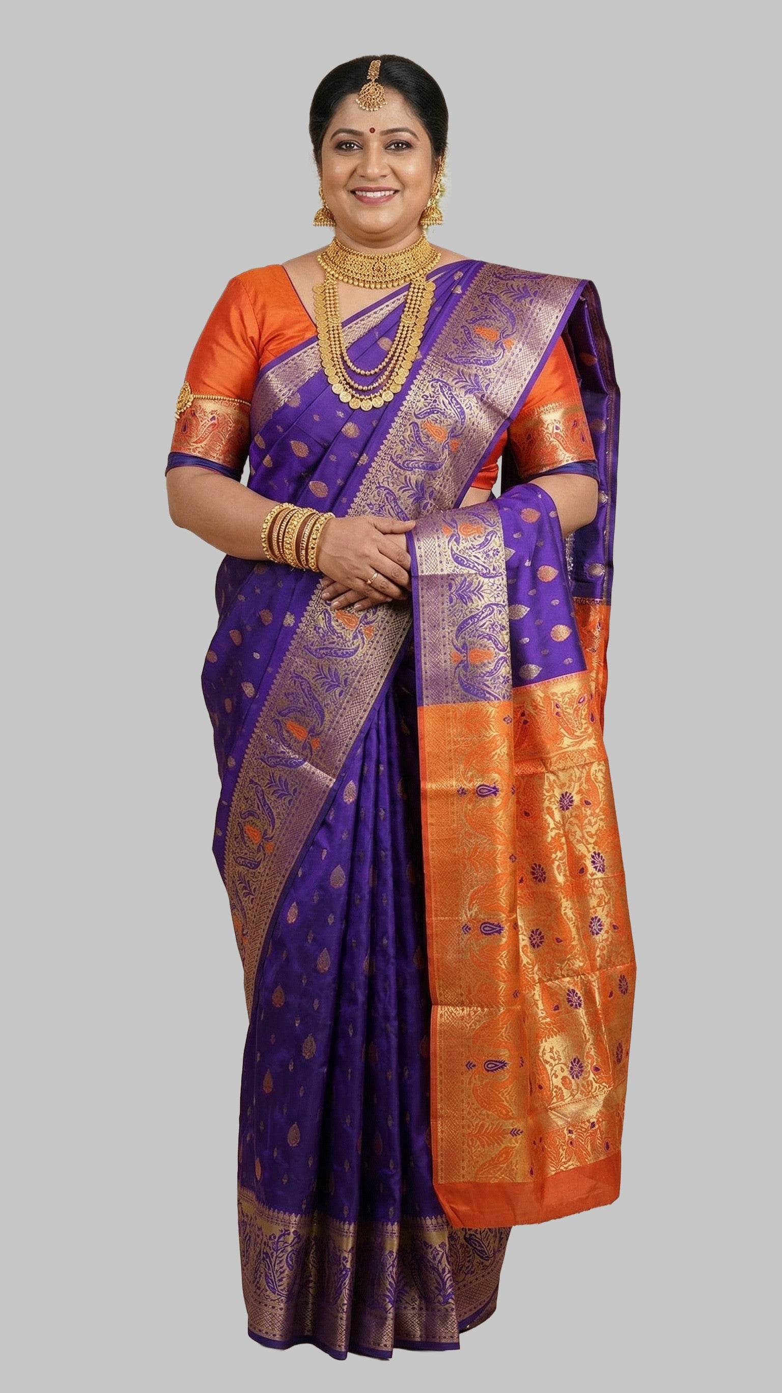 Deep Violet Art Silk Saree with Contrast Orange & Gold Zari Border