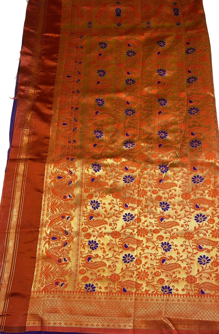Deep Violet Art Silk Saree with Contrast Orange & Gold Zari Border