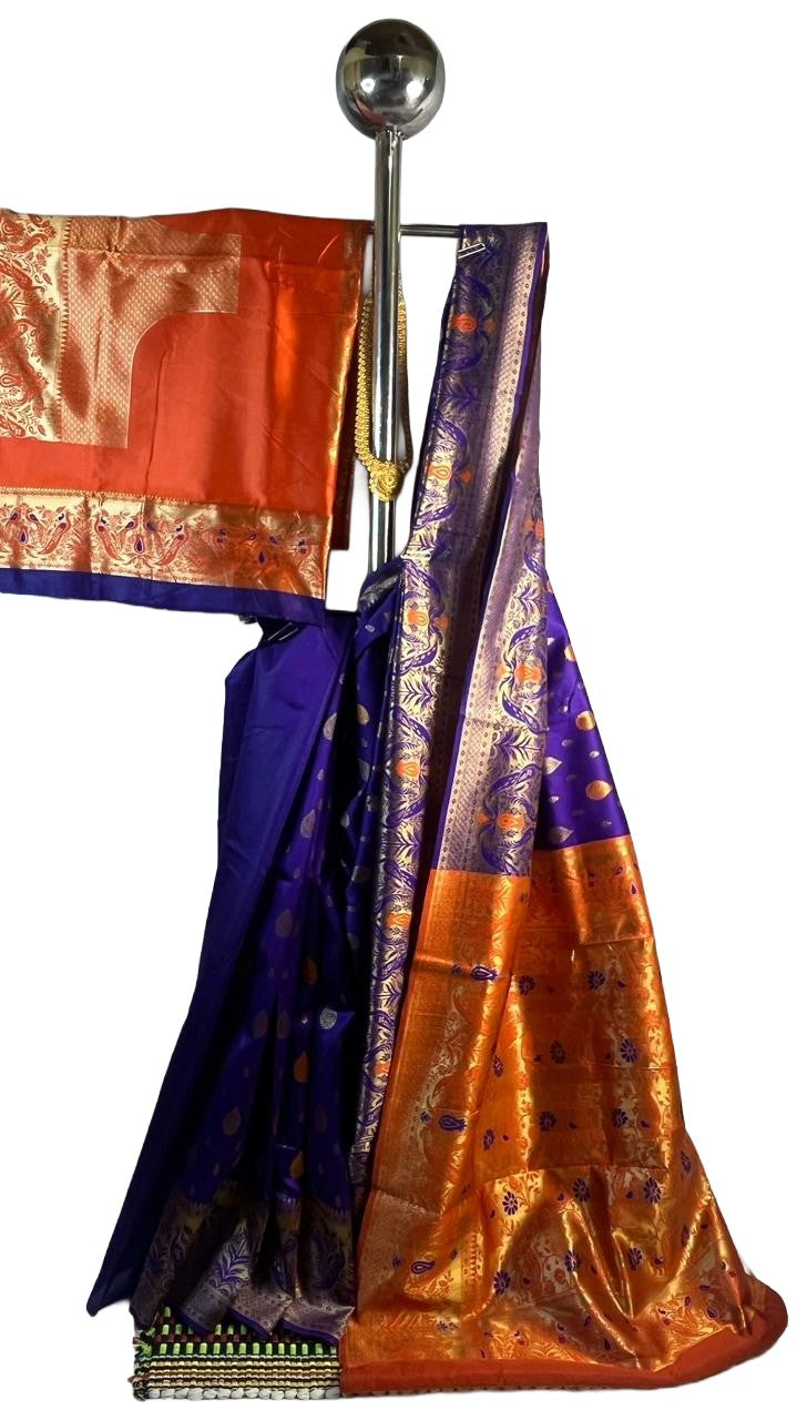 Deep Violet Art Silk Saree with Contrast Orange & Gold Zari Border