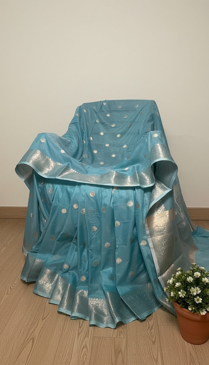 Aqua Blue Banaras Malai Cotton Saree