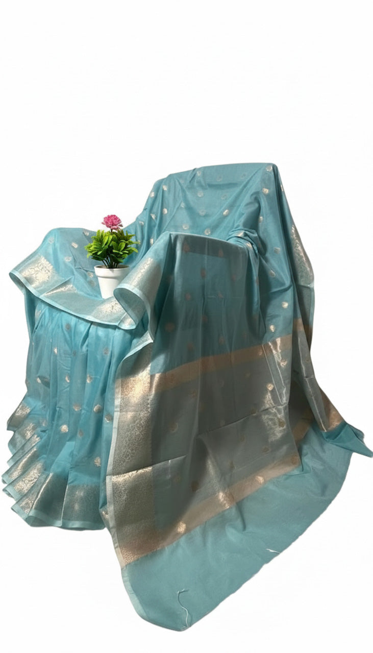 Aqua Blue Banaras Malai Cotton Saree