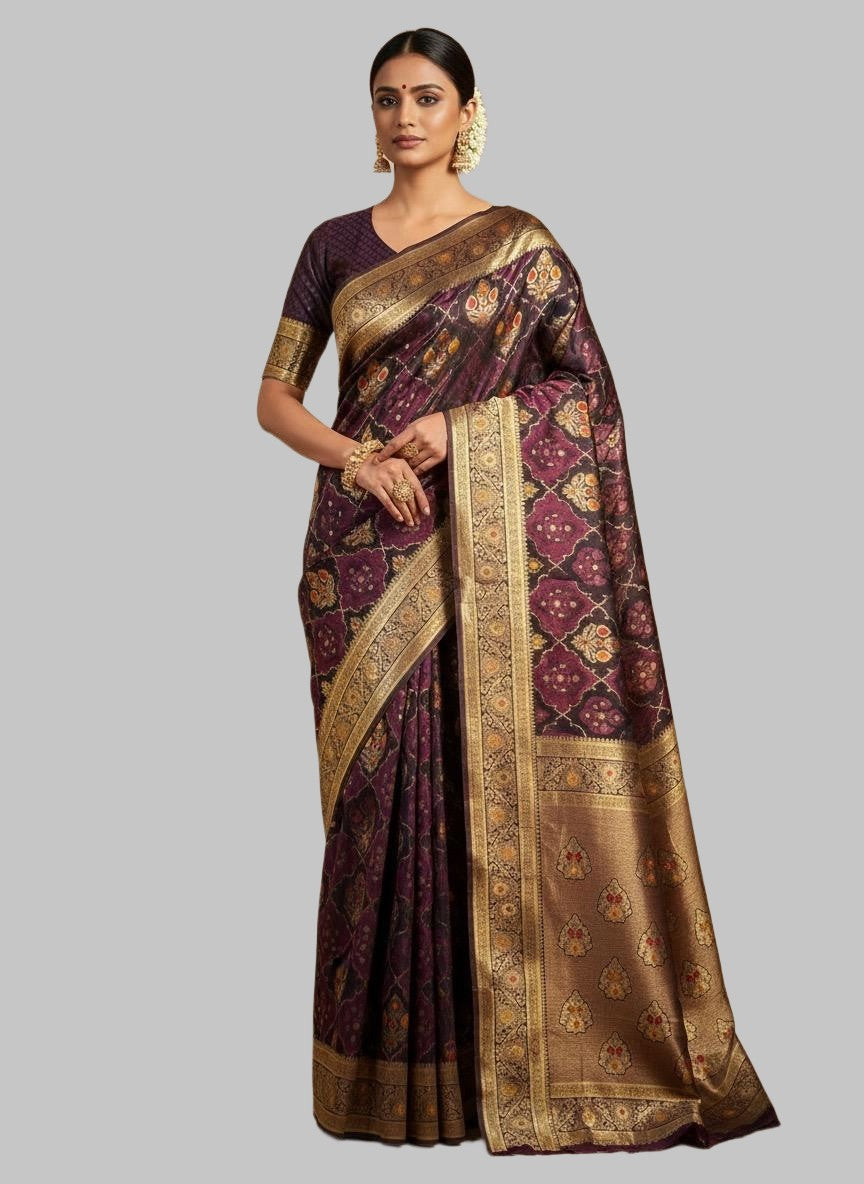 Deep Purple with Gold Zari premium mushroom satin silk Saree