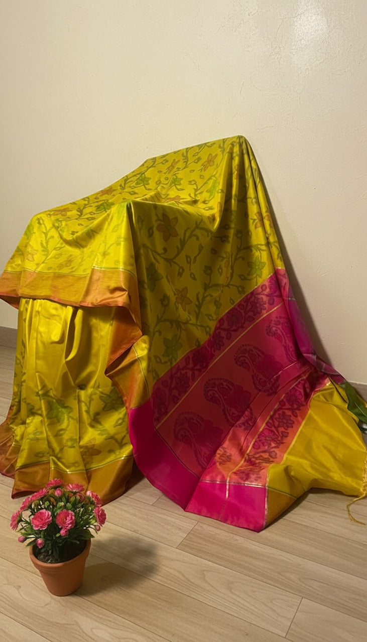 Golden Yellow Banaras Pochampally Design Saree