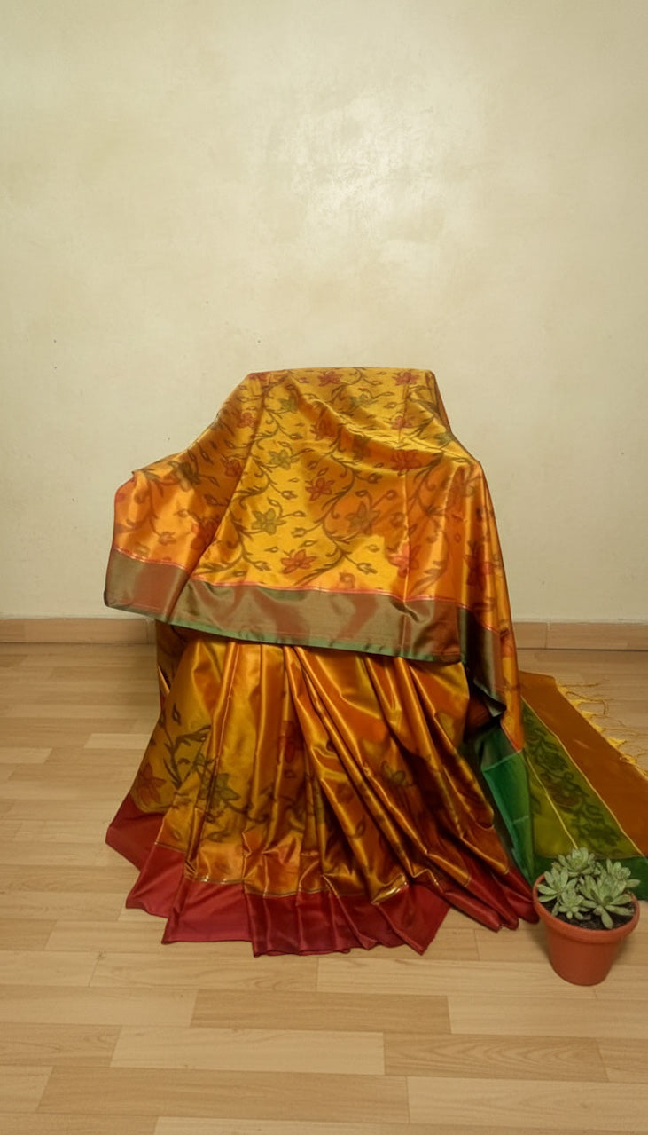 Mustard Orange Banaras Pochampally Saree