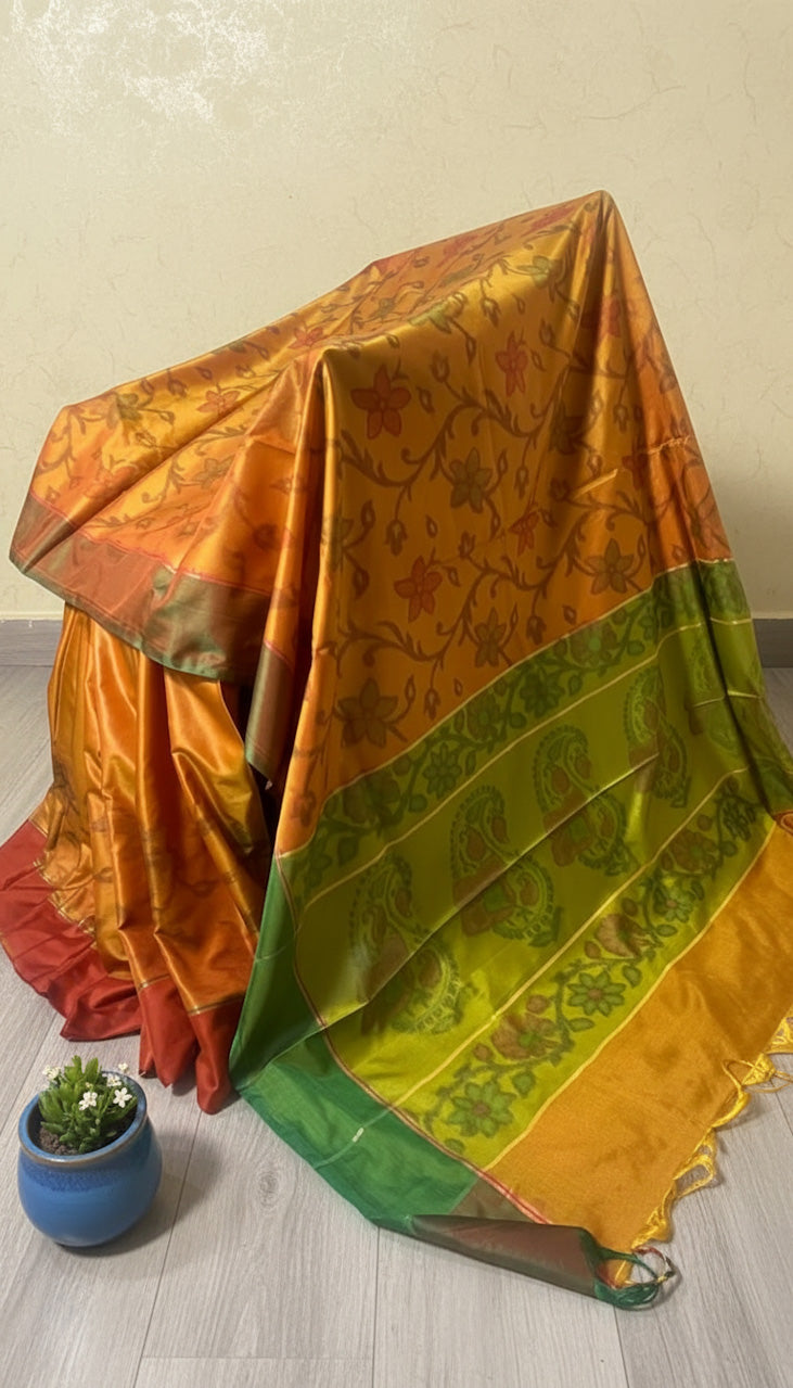 Mustard Orange Banaras Pochampally Saree