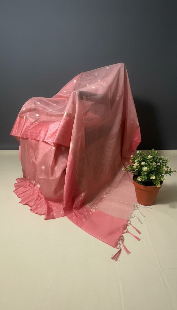 Banarasi Pastel Rose Pink Kota Silk Saree