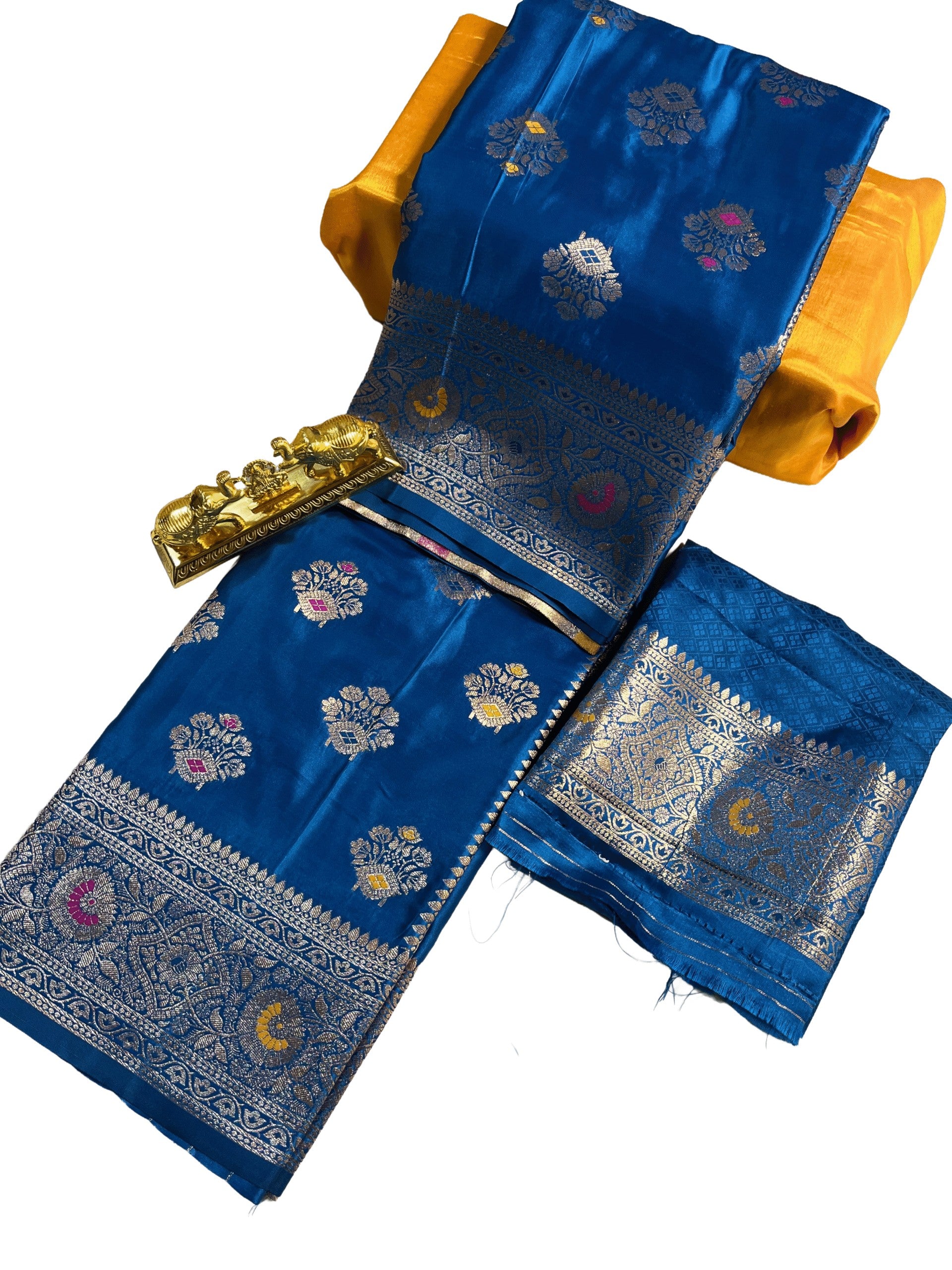 Royal blue zari floral motifs premium mushroom satin silk Saree
