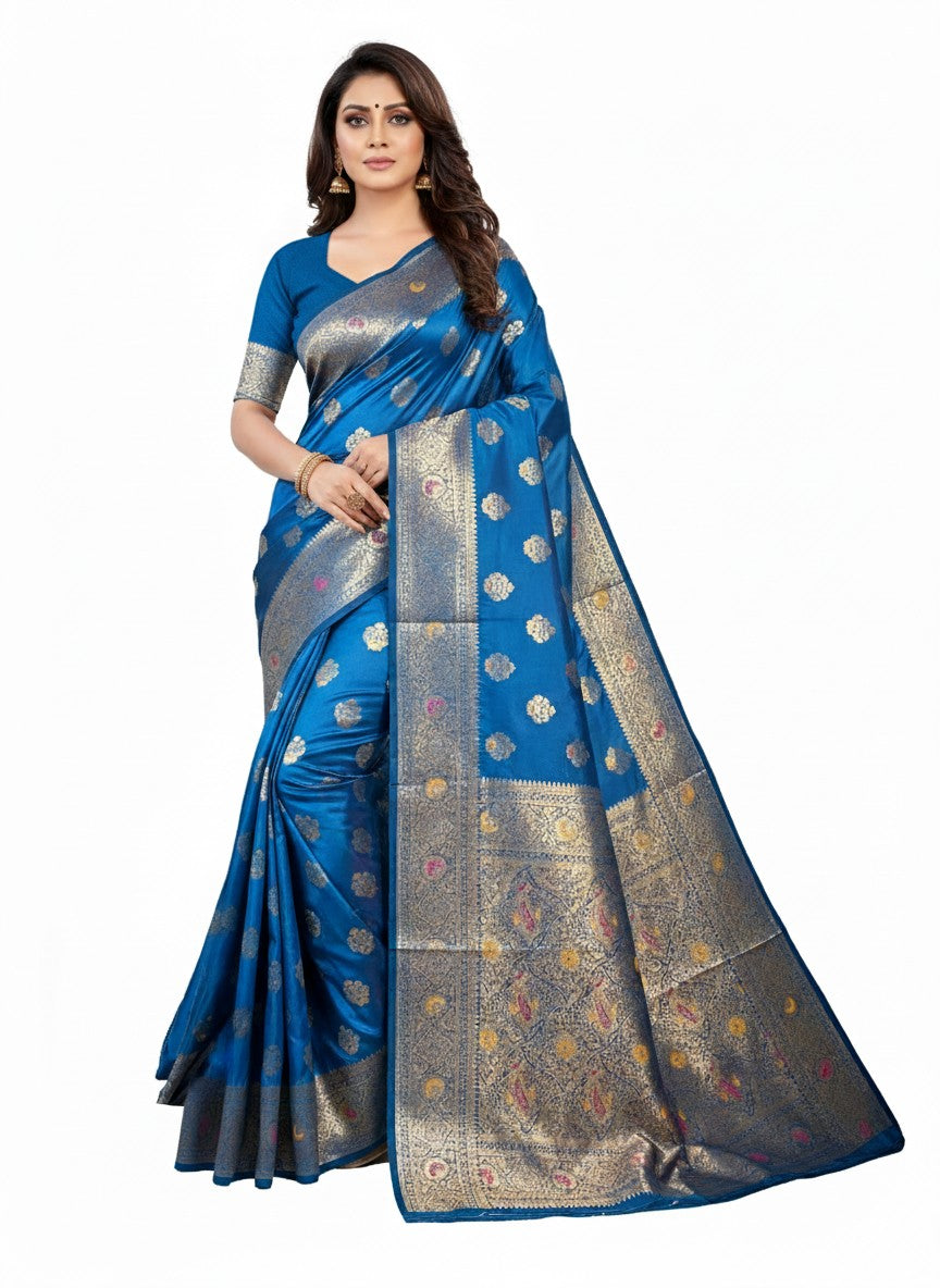 Royal blue zari floral motifs premium mushroom satin silk Saree