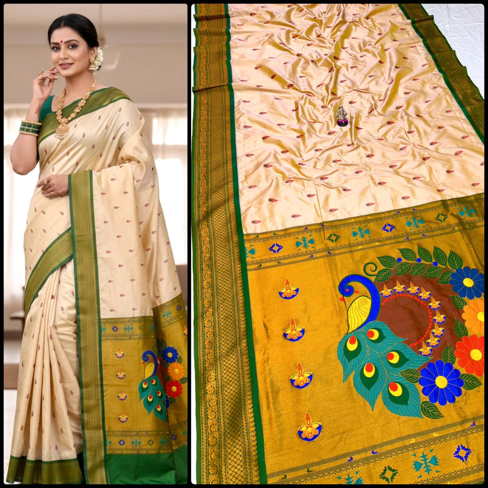 Jyoti Kadiyal Paithani Premium Katan Silk Saree Cream Pro Scaled
